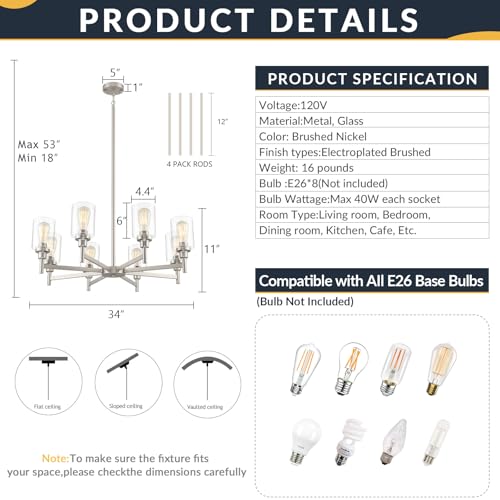 8 Light Farmhouse Brushed Nickel Chandeliers for Dining Room Light Fixture
