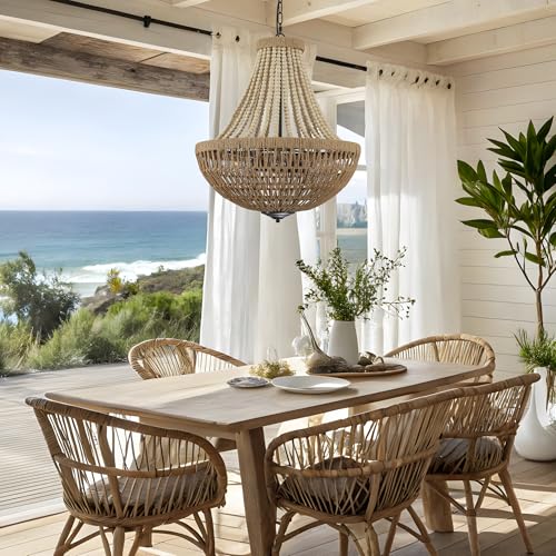 22" Wood Beaded Chandelier Boho Farmhouse Pendant Light for Dining Room