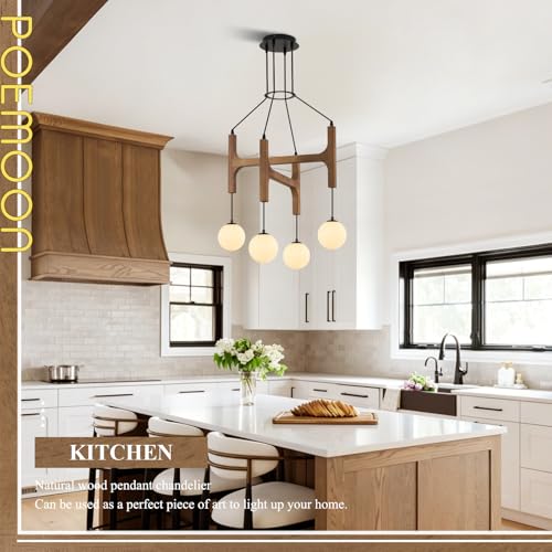 Rustic Oak 4 Light Wooden Chandelier with Milk Glass Globe L24 Inch