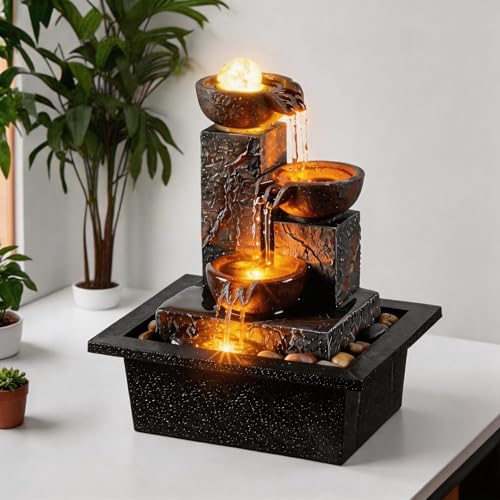 Three Bowls with Rotating Ball Flowing Tabletop Fountain Home Décor Indoor Decor Waterfall Sound Zen Mini Fountain Warm Led Light Pebbles Stone