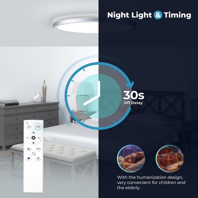 Dimmable LED Flush Mount Ceiling Light Fixture with Remote Control