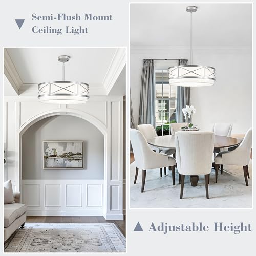 19.7" Modern Brushed Nickel Drum Chandelier Round Dining Room Light Fixture