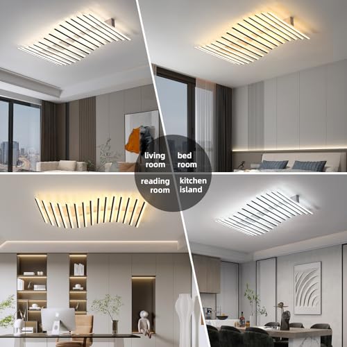 15 Lights Linear Modern Ceiling Light with Remote Control 43.3 inch Dimmable LED Chandelier Semi Flush Mount Light Fixture for Dining Room Kitchen Island Living Room