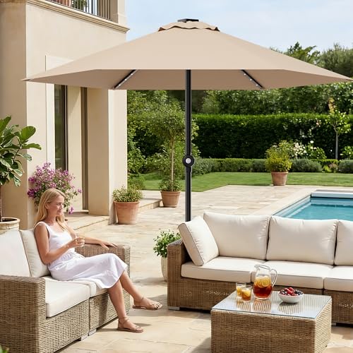 Patio Umbrella 9FT Solar Lights Push Up Outdoor Market Umbrella Red