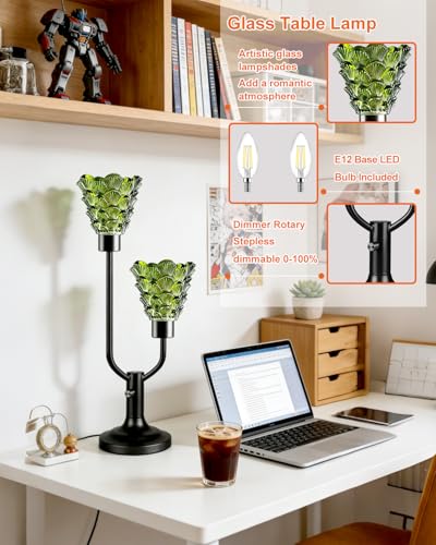 Green Glass Table Lamp for Living Room Vintage Lamp Gift Dimmable