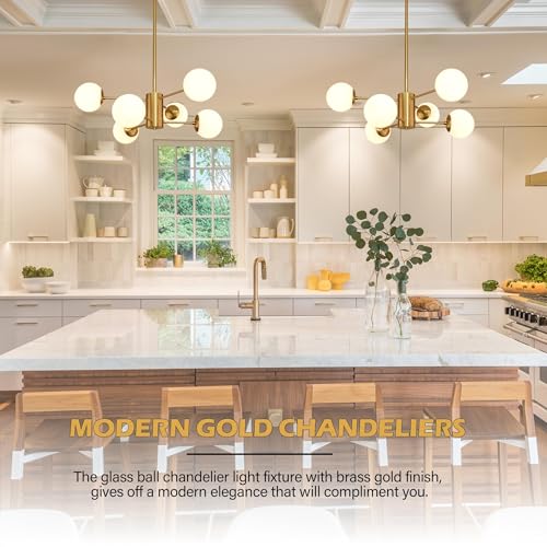 6 Light Globe Sputnik Chandelier Milk Glass Modern Gold Chandelier Light Fixture Mid Century Sputnik Chandeliers Pendant Light Frosted Globe Adjustable Hanging Ceiling Light for Entryway (6 Count)