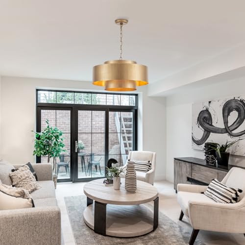 20” Brushed Brass Modern Chandelier Classic 3 Round Metal Pendant Light Contemporary Adjustable Industrial Pendant Light for Dining Room Kitchen Island Living Room Bedroom (3 Count)
