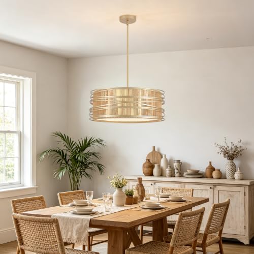 5 Light Rattan Drum Chandelier 19.7'' Boho Gold Pendant Light