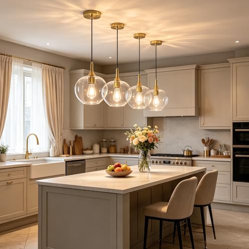 9.45in Gold Pendant Lights Kitchen Island with Clear Glass Shade 2Pack