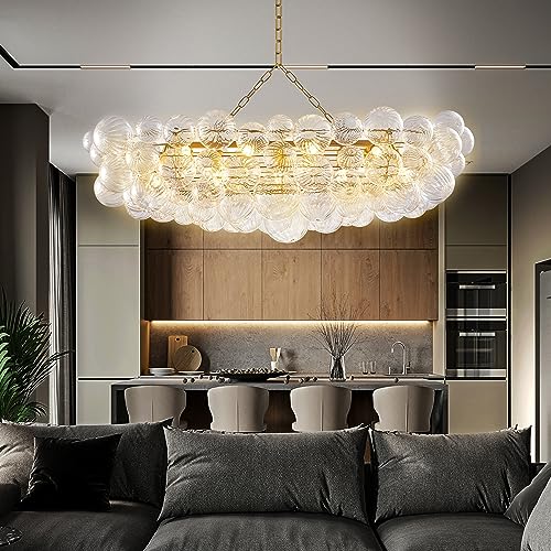 Nordic Bubble Ball Swirled Glass Long Chandelier 50 Inches Gold and Clear
