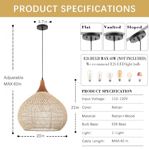 20" Large Rattan Pendant Light