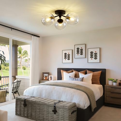 Black Globe Semi Flush Mount Ceiling Light Hammered Glass Ceiling Lights