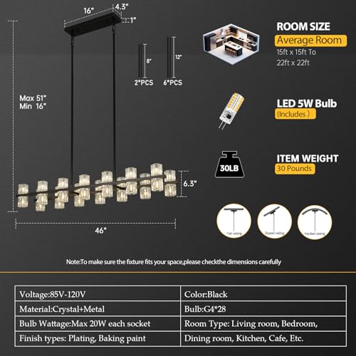 28 Light L46" Extra Large Rectangle Black Crystal Dining Room Chandelier