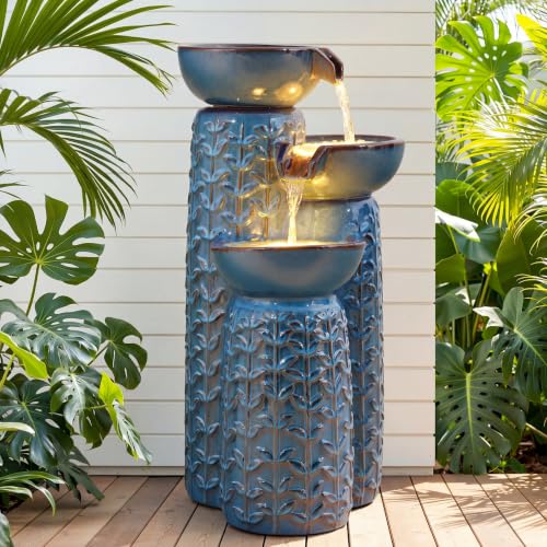 28" Ceramic Outdoor Water Fountain with LED Lights