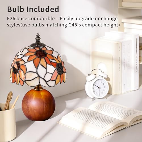 12.2" Retro Sunflower Tiffany Small Table Lamp with Wood Base