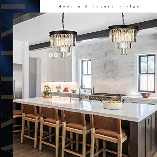 Small Black Crystal Chandelier 16” Modern Dining Room Pendant Light island