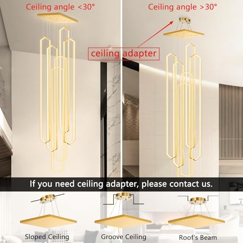 6 Rings Large Chandelier for Staircase Modern High Ceiling Chandelier LED Dimmable Chandeliers for Foyer Staircase Foyer Enterway Living Room Villa Gold (6 Count)