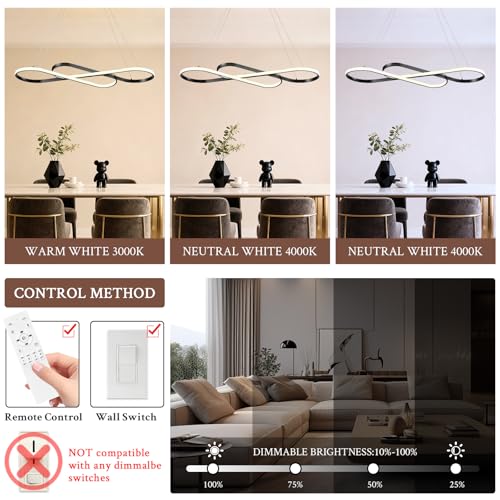 Modern LED Chandelier Black Dimmable LED Pendant Light for Dining Room Light Fixture Over Table Modern Kitchen Island Lighting High Ceiling with Remote for Living Room