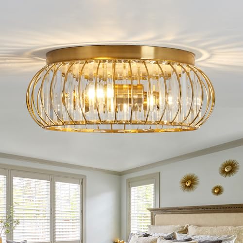 Crystal Flush Mount Ceiling Light Fixtures Modern Gold Ceiling Light 3 Light Ceiling Chandelier for Hallway Bedroom Bathroom Foyer Living Room Dining Room Kitchen