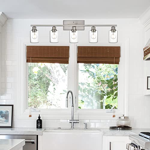 5 Light Bathroom Vanity Light Fixtures in Brushed Nickel Finish Indoor Wall Sconce Lighting Over Mirror with Clear Glass Shade for Living Room (5 Count)