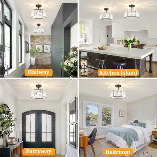 Modern Black Semi Flush Mount Ceiling Light Crystal Entryway Light Fixture