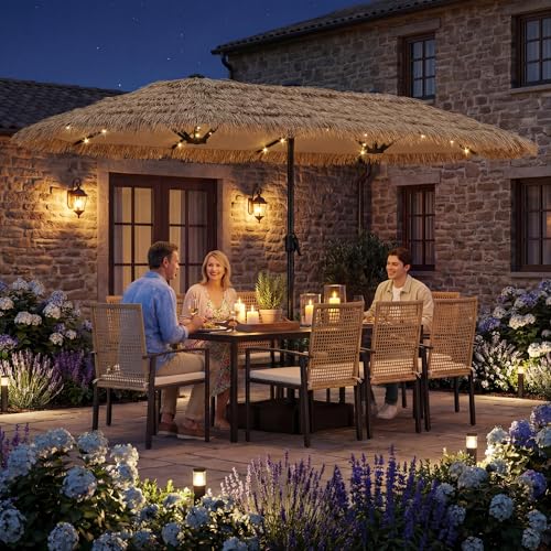 15ft Double Sided Patio Umbrella with Solar Lights and Base Included