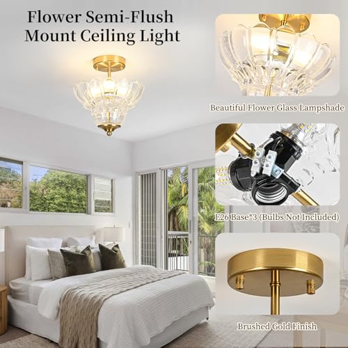 Vintage Gold Semi Flush Mount Light with Floral Class Shade (Gold)