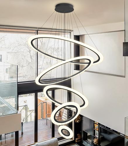 Modern LED Dimmable Chandelier 5 Ring High Ceiling Large Chandelier for Living Room Hanging Light Fixture for Foyer Staircase Black