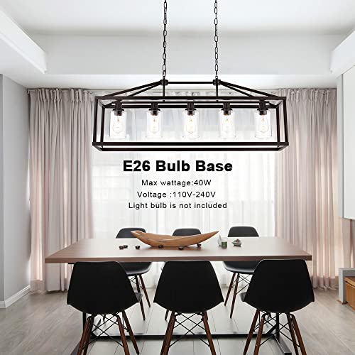 Industrial Rustic Farmhouse Chandelier 5 Light Modern Rectangle Dining Room Light Fixture Hanging Oil Rubbed Bronze Kitchen Island Cage Pendant Lighting with Clear Glass Shade for Hallway Bar