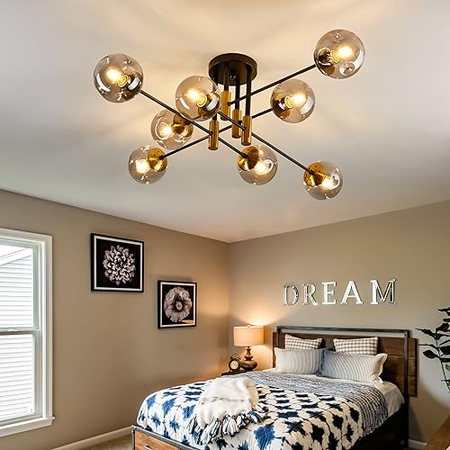 8 Light Glass Globe Ceiling Light Black and Gold Mid Century Flush Mount Sputnik Light Fixture Bubble Chandelier Living Room Farmhouse for Dining Room Kitchen Bedroom