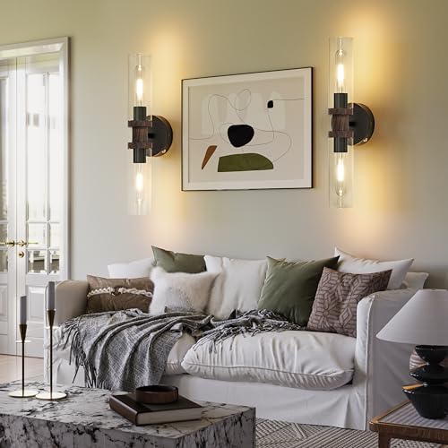 Black & Walnut Wireless Battery Operated Wall Sconce with Remote (2 Count)