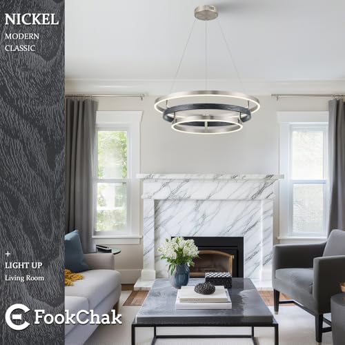 Modern LED Chandelier Black Wood Dimmable 3 Ring Brushed Nickel Chandeliers