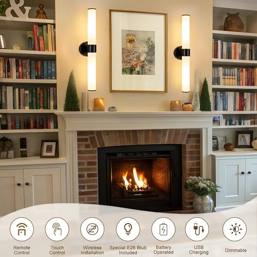 Black Battery Operated Wall Sconces Set of 2 with White Glass Lamp Shade