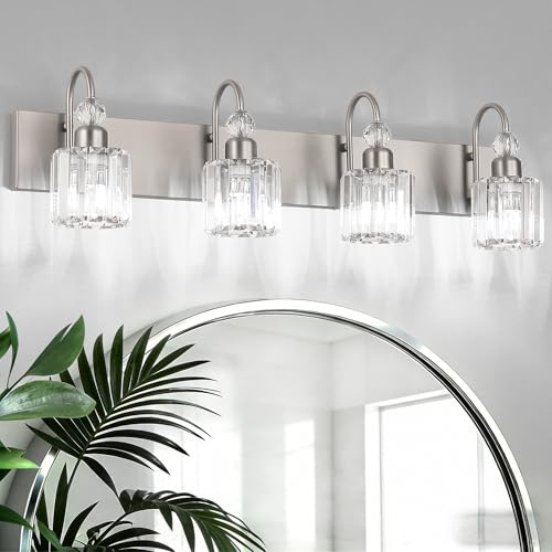 4 Light Crystal Vanity Light for Bathroom Brushed Nickel Modern Bathroom Light Fixtures