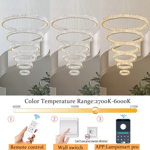 Extra Large Ring Chandelier Modern LED Gold 6 Ring Chandelier for High Ceiling Long Stair Crystal Chandeliers D8+15.7"+23.6"+31.5"+39.4"+47.5"