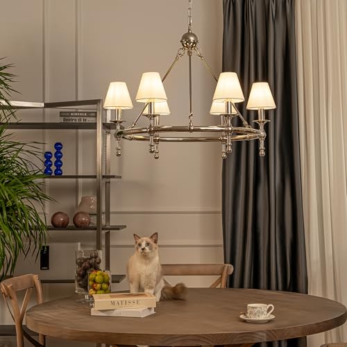 6 Lights W34in Polished Nickel and White Pleated Fabric Chandeliers for Dining Room Mid Century Modern Large Round Chandeliers for Classic Living Room