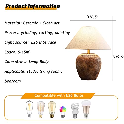 Rustic Farmhouse Clay Pot Table Vintage Distressed Ceramic Table Lamp with White Fabric Lampshade American Southwestern Textured Ceramic Lamp for Living Room Bedroom Office