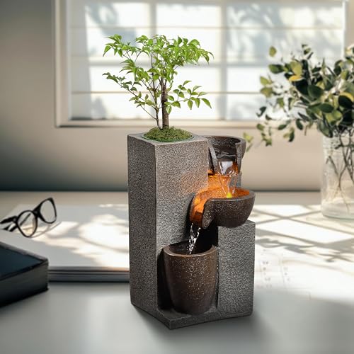 Resin Tabletop Waterfall Fountain with LED Light & Plant Pot