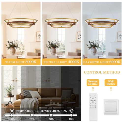 3 Ring LED Chandelier Modern Chandeliers Red Walnut Wood Gold Dimmable 31''
