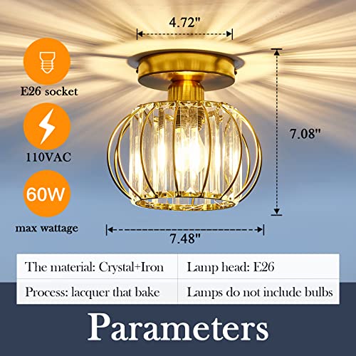 Crystal Semi Flush Mount Ceiling Light Fixture E26 Mini Antique Gold Chandelier Small Ceiling Lamp for Entryway Bedroom Bathroom Hallway Closet Foyer
