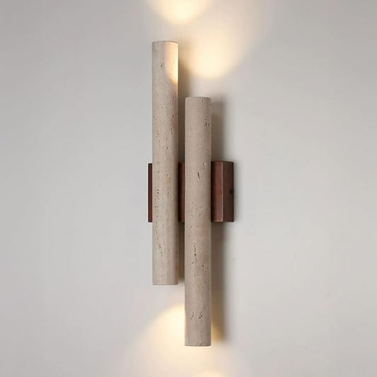 Yellow Travertine Wall Sconces, 19.7" H Wabi Sabi Wall Light Fixture with Cylindrical Natural Stone Lampshade, Up and Down Lighting Marble Wall Lamp for Bedroom Living Room Dining Room
