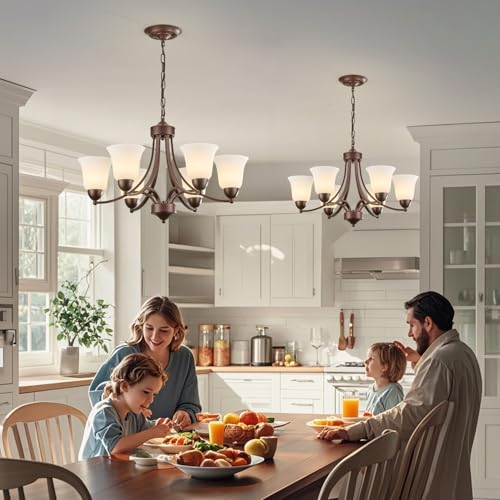 6 Light Oil Rubbed Bronze Dining Room Light Fixture Farmhouse Modern Chandelier Pendant Light Bronze 47.2''Adjustable Ceiling Hanging Lighting with Frosted Glass for Kitchen Island Living Room Foyer