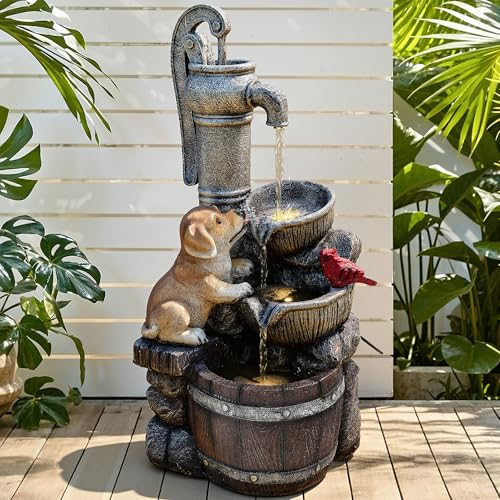 30" Puppy & Red Bird Outdoor Fountain