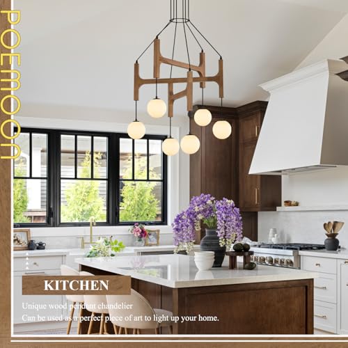 Rustic Oak 6 Light Wooden Chandelier with Milk Glass Globe L28 Inch