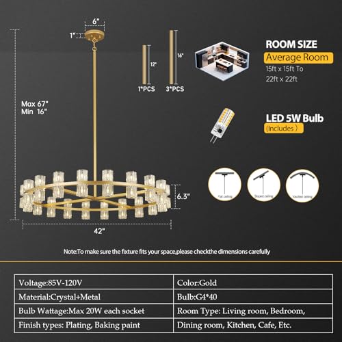 40 Light Dia 42" Gold Large Crystal Chandeliers for Dining Room Over Table