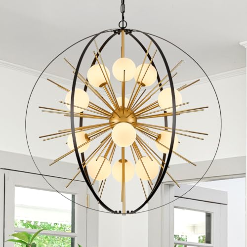 31" 12 Light Black Gold Sputnik Chandelier with Milk Glass Shade