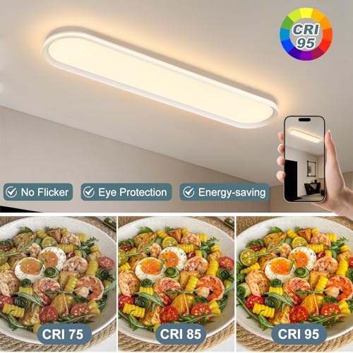 Modern LED Ceiling Light Dimmable Linear Ceiling Light 39.4in Semi Flush Mount Long Lights with Remote Control and Side Lighting for Living Room Kitchen Dining Room