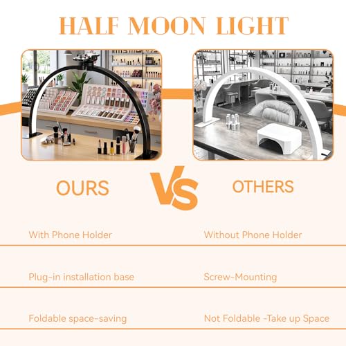 Foldable Large Half Moon LED Light for Table Nail Desk with Phone Stand
