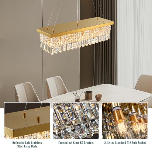 6 Light Modern Crystal Chandelier Rectangular Gold K9 Crystal Raindrop Chandelier for Dining Room