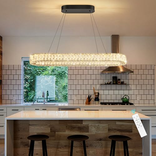 Oval Crystal Chandelier Modern Dimmable LED Chandeliers for Dining Room Rectangular Light Fixture with Remote for Living Room Kitchen Light Black